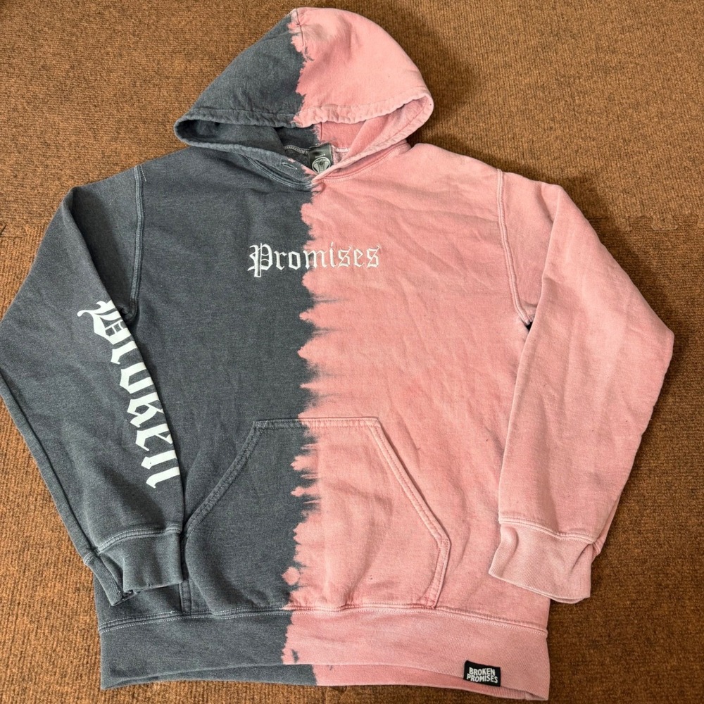 Broken Promises Mens Split Tie Dye Hoodie Pink Grey Small Embroidered Streetwear